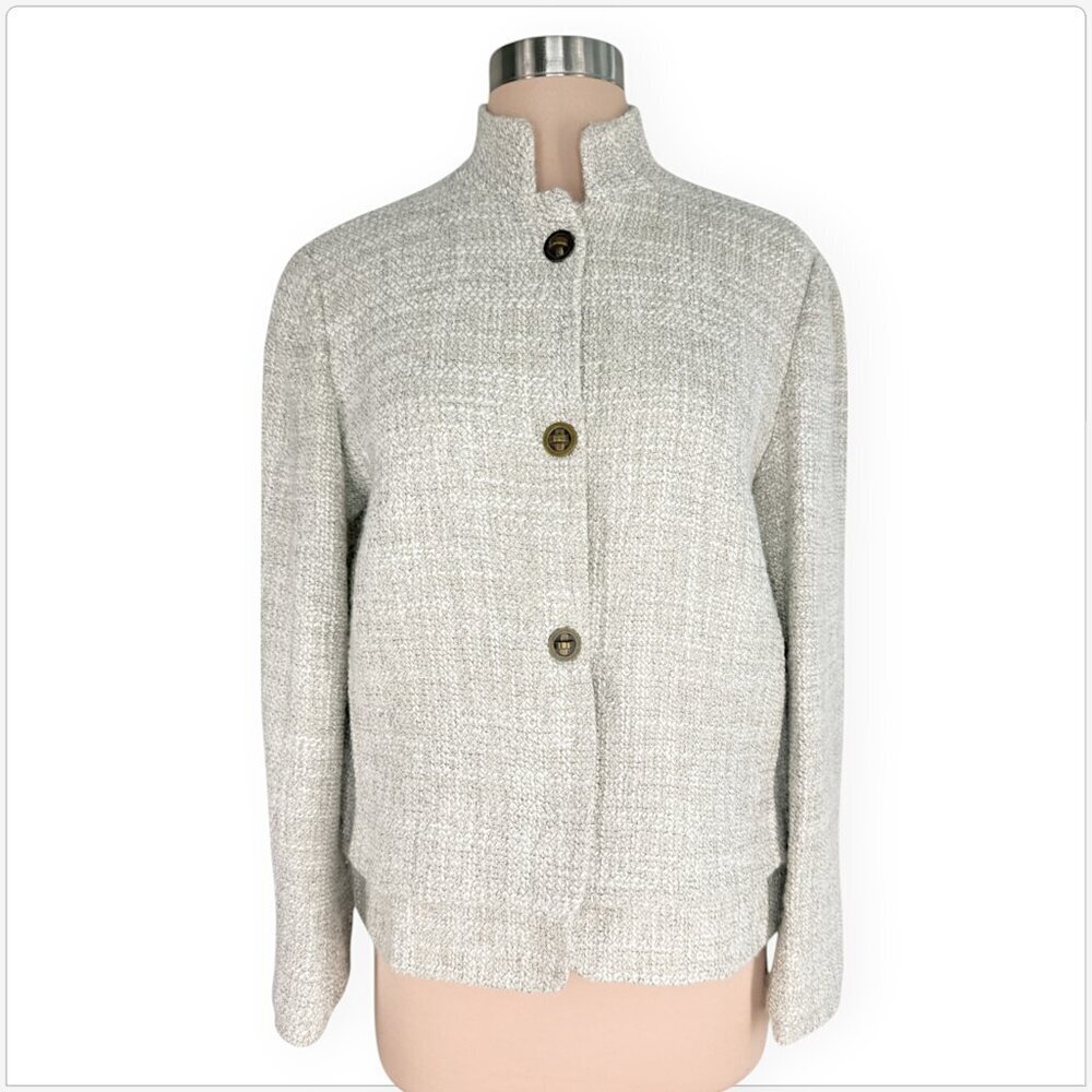 Anne Klein Cream Wool Tweed Layered Hem Cuffs Blazer Jacket Modern Business 8